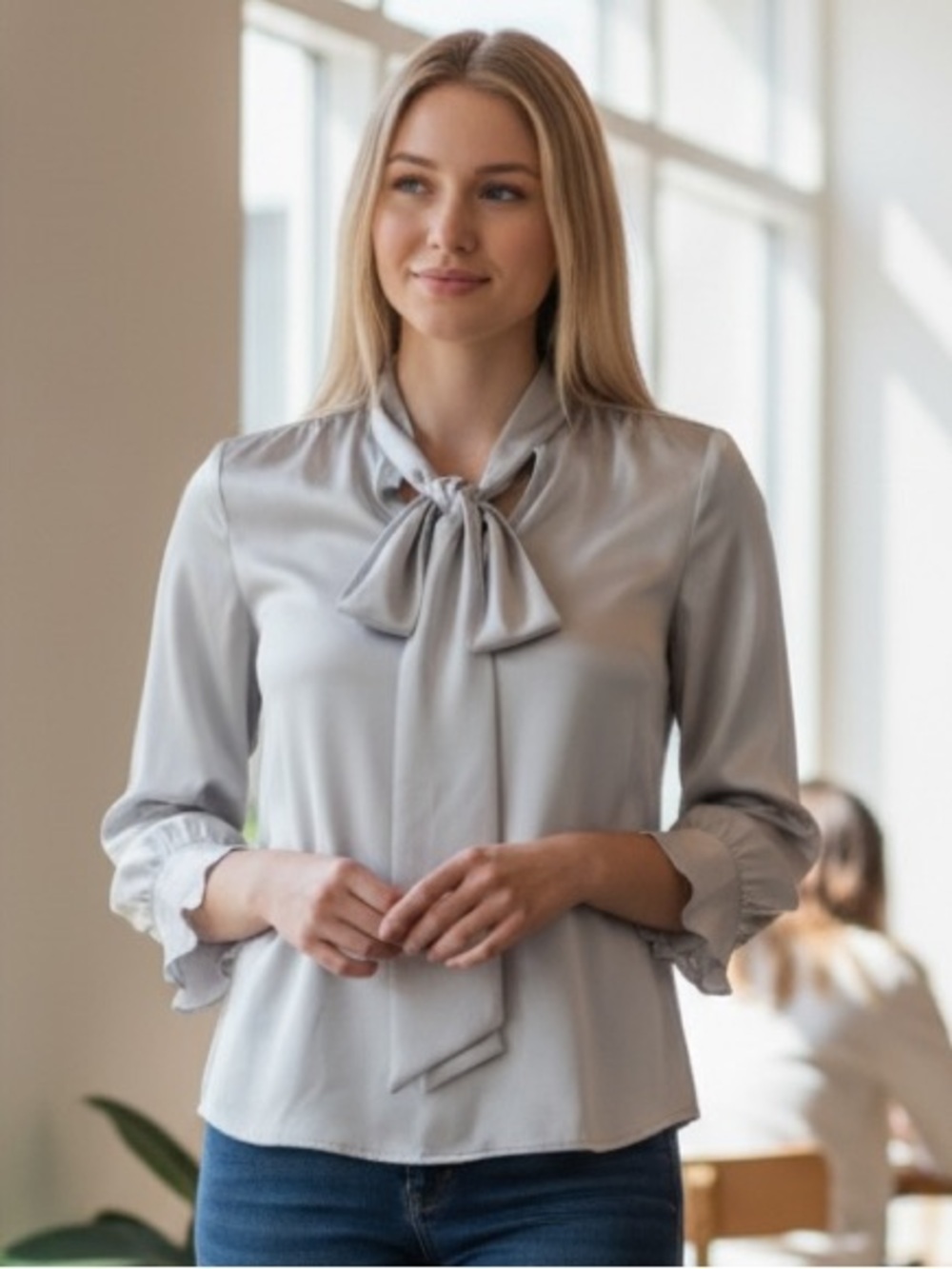 Casual Corner Annex Petite Silk Satin bow collar button up Light Silver blouse